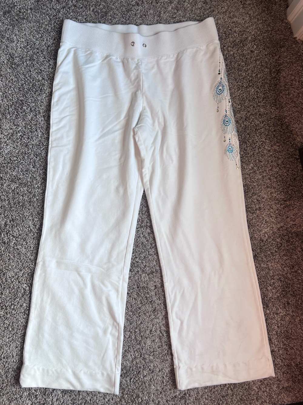 White Wide Leg Sweats with Blue Embellished Detail